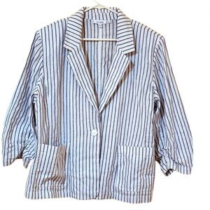 Chico’s Metallic Stripe Linen Blend Blazer Blue Silver Ruched Sleeve Size XL